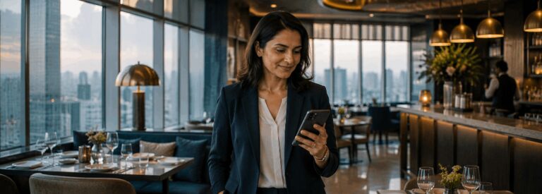 Hospitality group general manager reviewing a new booking notification in an elegant lounge