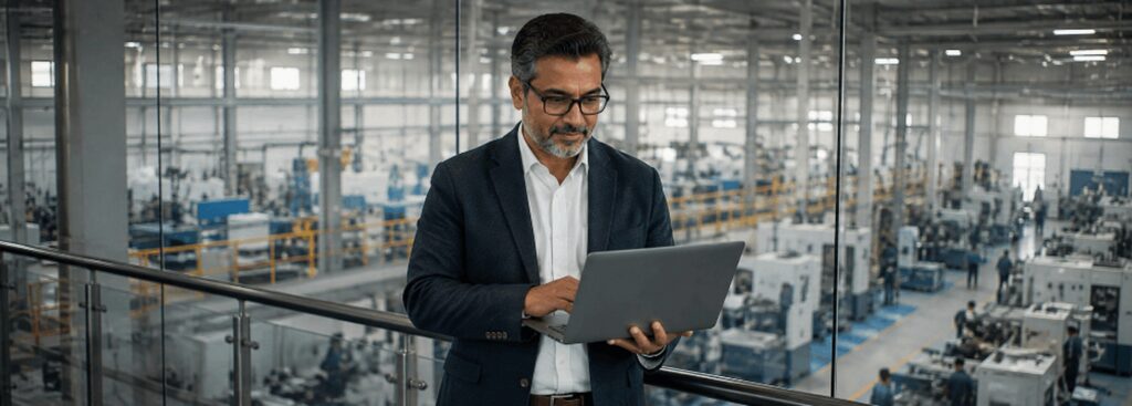 Manufacturing plant owner overlooking the production floor from a mezzanine office