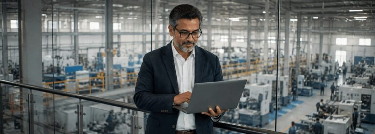 Manufacturing plant owner overlooking the production floor from a mezzanine office