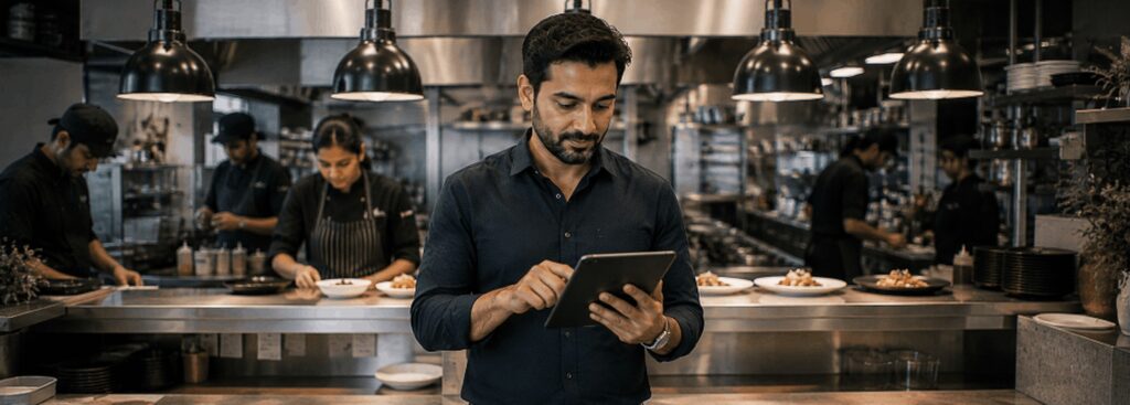 Multi-location dining brand owner reviewing an online order dashboard at the kitchen pass