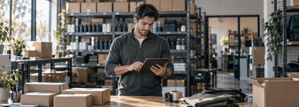 DTC retail brand founder reviewing an order and inventory dashboard at a warehouse packing table