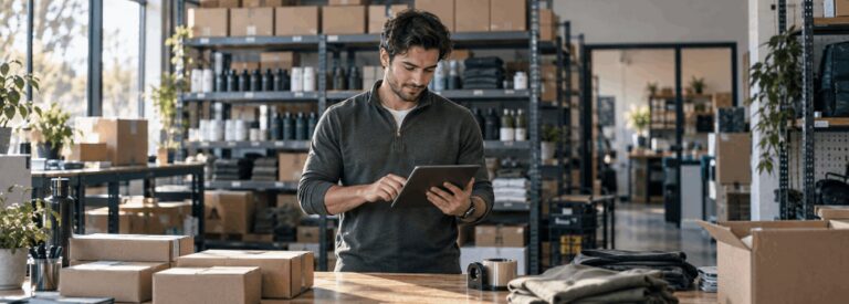 DTC retail brand founder reviewing an order and inventory dashboard at a warehouse packing table