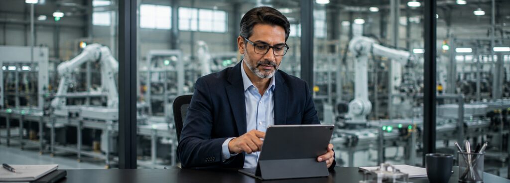 Industrial automation company owner reviewing dashboard data on a laptop