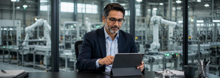 Industrial automation company owner reviewing dashboard data on a laptop