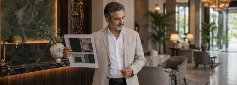 Boutique hotel owner comparing branded material mockups in the lobby