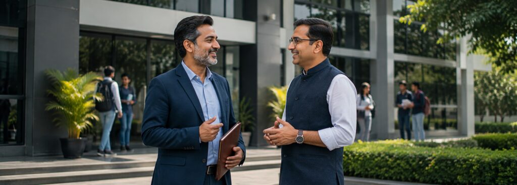 Coaching institute owner talking with a school partner outside the building