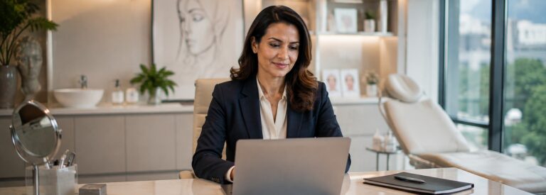 Cosmetic surgery clinic owner reviewing results on a laptop in the consultation room