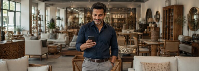 Furniture export business owner checking a phone notification in the showroom