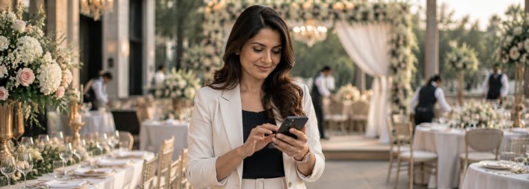 Premium wedding planner typing a message on her phone