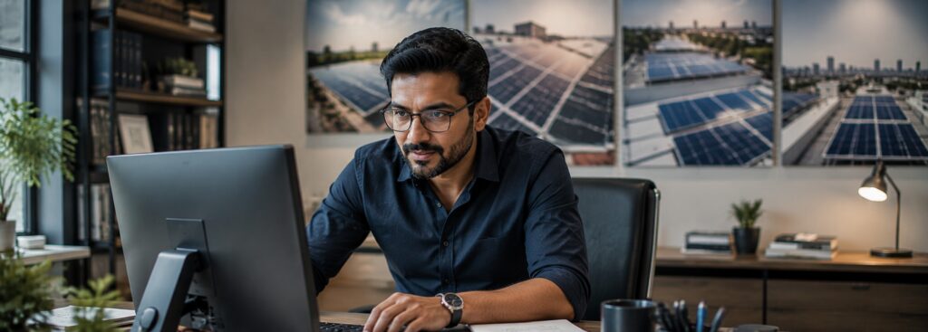 Solar EPC company owner reviewing a campaign layout on a monitor
