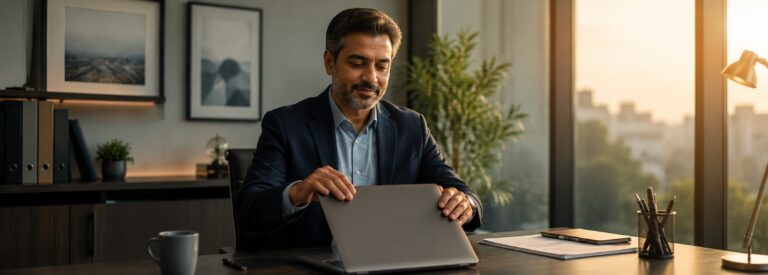 Insurance agency owner closing his laptop at the end of the day