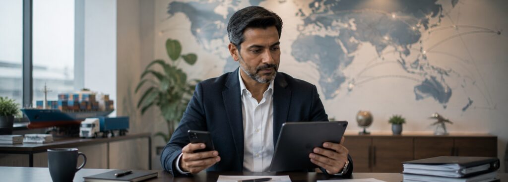 Export and trading company owner reviewing shipments on a tablet and phone