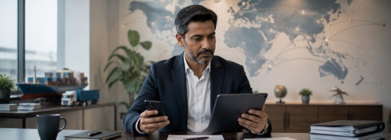 Export and trading company owner reviewing shipments on a tablet and phone