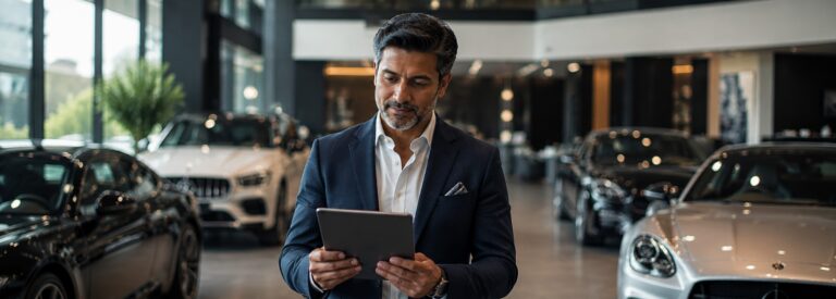 Luxury car dealership owner reviewing ad performance on a tablet on the showroom floor