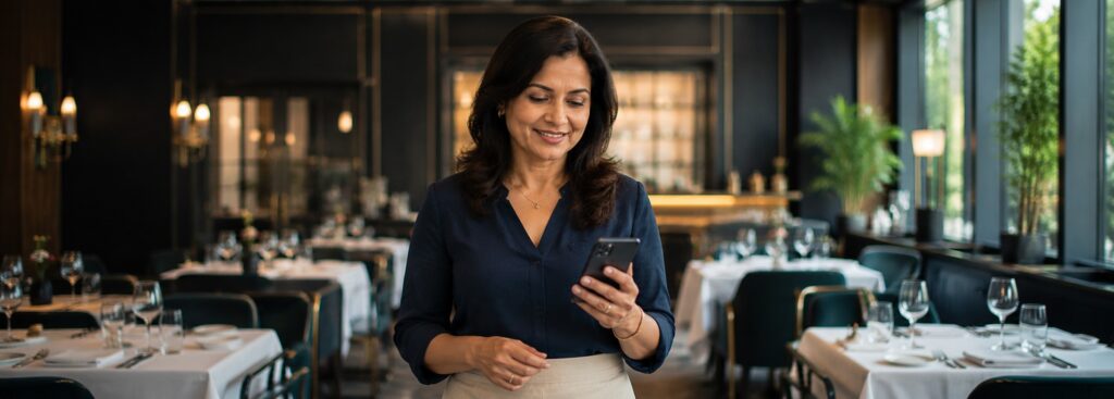 Fine dining restaurant owner reading a review on her phone in the dining room