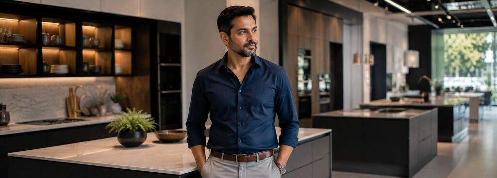 Modular kitchen company owner in an elegant kitchen showroom