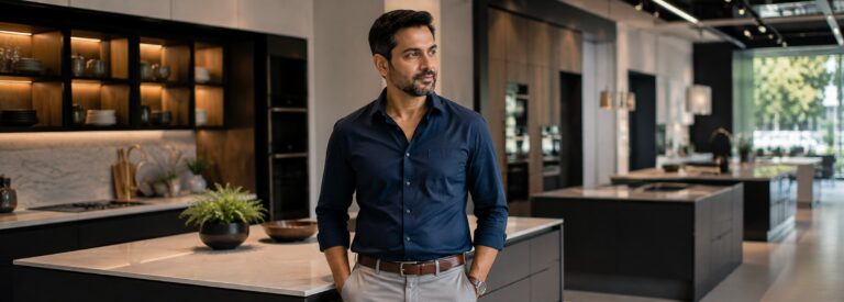 Modular kitchen company owner in an elegant kitchen showroom