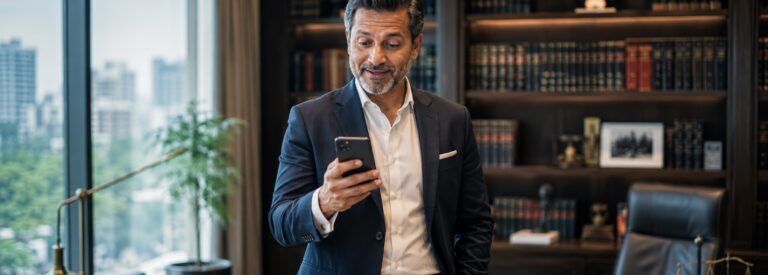 Law firm partner checking his phone near the office library