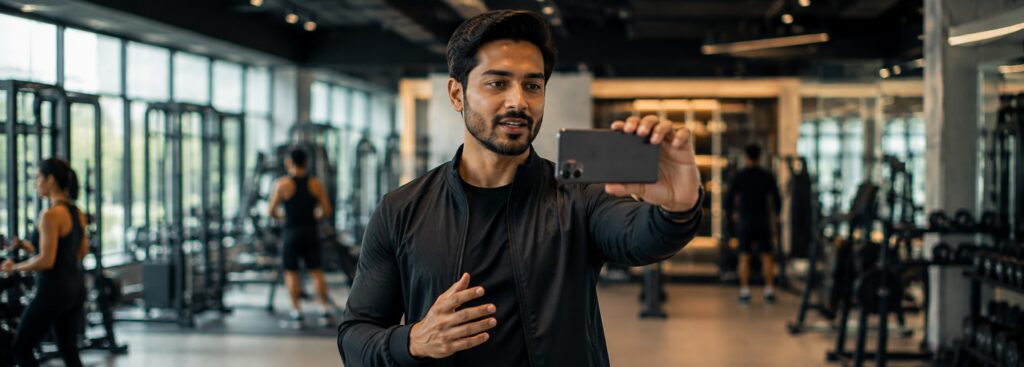 Premium fitness studio owner filming a behind-the-scenes video on her phone