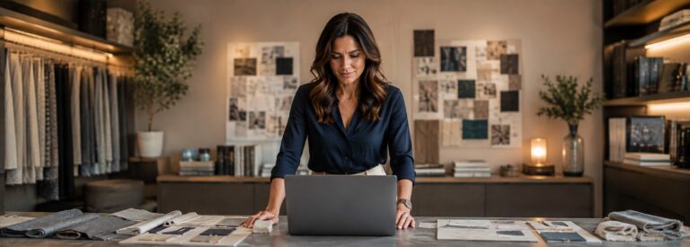 Interior design studio owner reviewing her new website design on a laptop