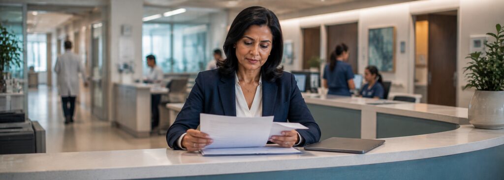 Hospital administrator reviewing paperwork at the reception desk