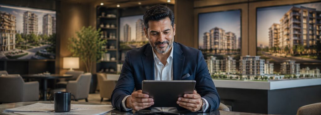 Real estate developer comparing an old and new website design on a tablet