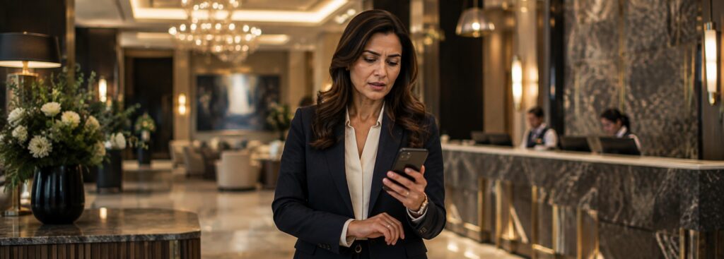 Luxury hotel general manager checking her phone at the front desk