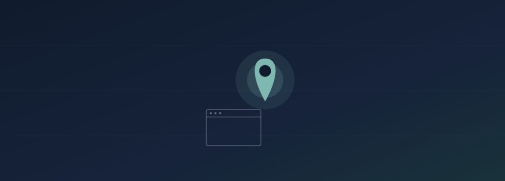 Abstract map-pin overshadowing a browser-window icon, teal on navy