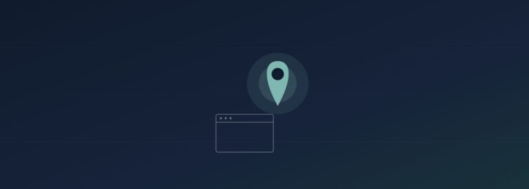 Abstract map-pin overshadowing a browser-window icon, teal on navy