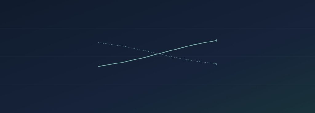 Abstract crossing-lines graphic, teal on navy